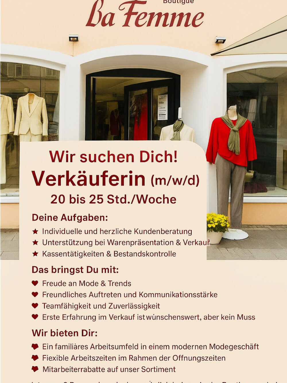 Ein Modegeschäft mit weißer Fassade und Schaufenster zeigt stilvolle Kleidung.