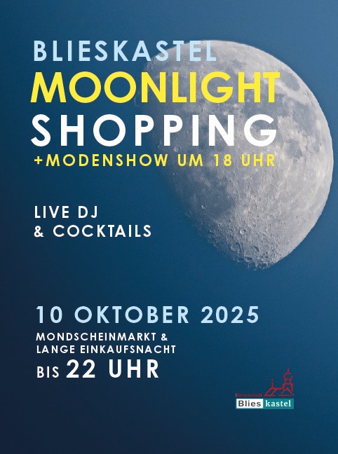 Ein Werbeplakat mit einem Halbmond und Text zu einer Einkaufsveranstaltung.