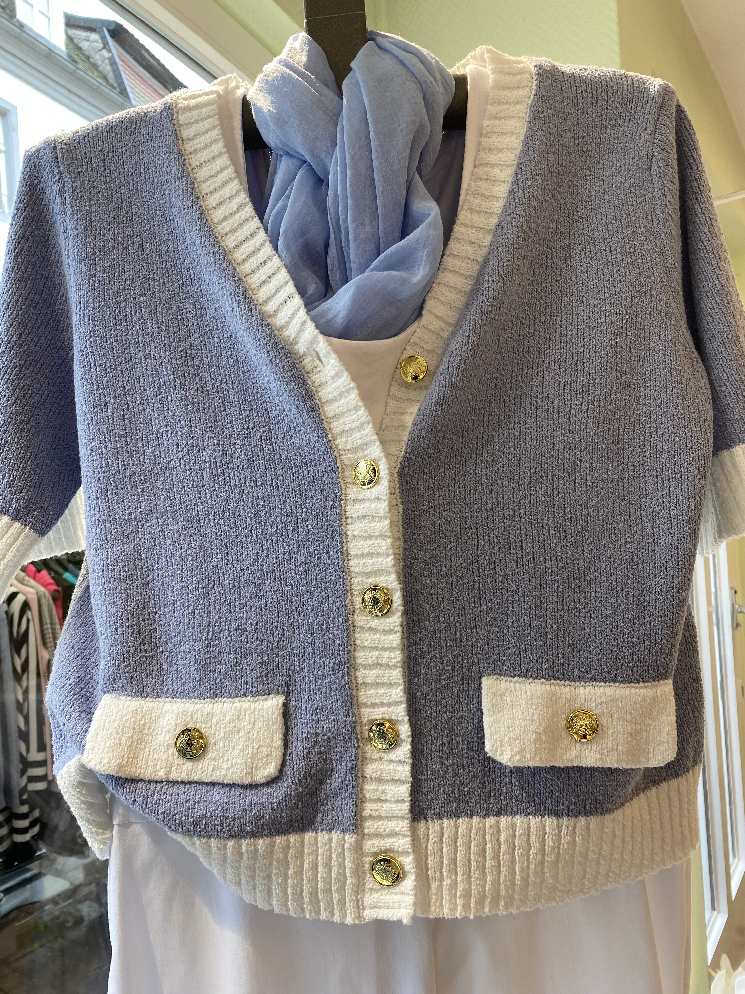 Hellblaue Strickjacke mit weißen Details, goldenen Knöpfen und hellblauem Schal