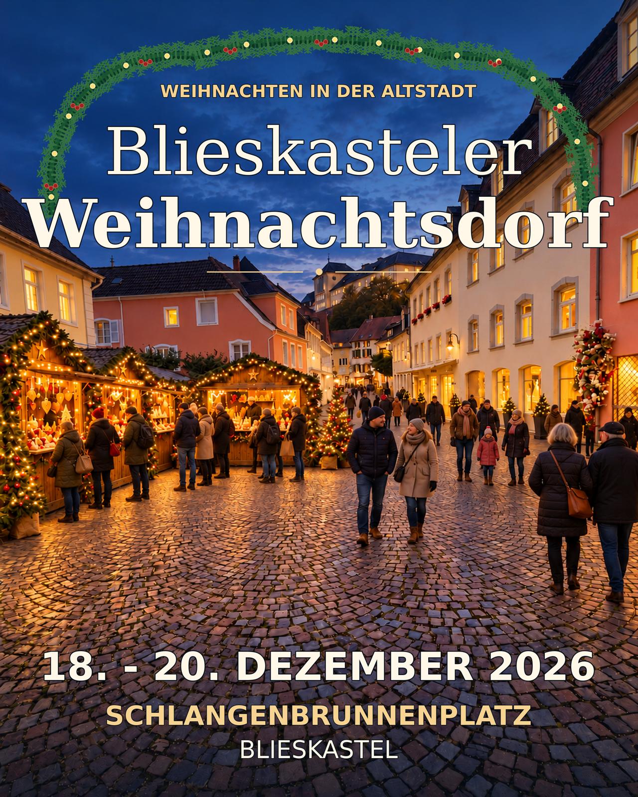 Besucher schlendern abends ueber den festlich beleuchteten Weihnachtsmarkt in der Altstadt
